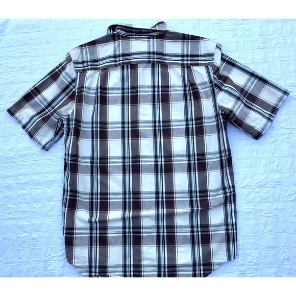 Carhartt Button Up Shirt Mens Medium Cream Brown Plaid Short Sleeve Relaxed Fit - Picture 2 of 10